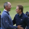 Jordan Spieth is congratulated by Matt Kuchar after winning the British Open Golf Championship at Royal Birkdale, Sunday