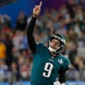 Philadelphia Eagles quarterback Nick Foles after throwing a touchdown pass in the first quarter in Super Bowl 52 in Minneapolis