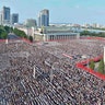 North Koreans rallying in Kim Il Sung Square in Pyongyang, August 9