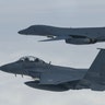 A U.S. Air Force B-1B Lancer assigned to the 9th Expeditionary Bomb Squadron during a training mission over the Korean Peninsula