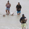 People walk with dogs along a street at the east Sam Houston Tollway in Houston, Texas, Monday