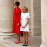Brigitte Macron, wife of French President Emmanuel Macron, and First Lady Melania Trump at a welcoming ceremony at the Invalides in Paris