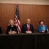 Presidential nominee Donald Trump sits with (R-L) Paula Jones, Kathy Shelton, Juanita Broaddrick, Kathleen Willey in St. Louis, October 9, 2016