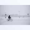 Justin Hartman rides his bicycle along New Bedford Road in whiteout conditions during a snowstorm, in Wall Township, N.J., Thursday