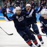 Ryan Donato (16), of the United States, celebrates after scoring a goal against Slovakia in a men's hockey game at the 2018 Winter Olympics