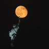 The moon rising past the torch of the Statue of Liberty Sunday evening