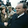 West Berlin Lord Mayor Walter Momper (L) shakes hands with East Berlin Lord Mayor Erhard Krack, November 12, 1989
