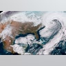 The bomb cyclone winter storm over the Northeast is seen in a GOES-East satellite photo