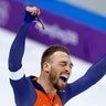 Gold medalist Kjeld Nuis of The Netherlands celebrates after the men's 1,000 meters speed skating race at the Winter Olympics