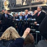 Governor Andrew Cuomo and Mayor Bill De Blasio speak outside the Port Authority Bus Terminal in New York City, Monday