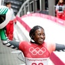 Simidele Adeagbo of Nigeria reacts after her run on skeleton