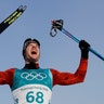 Dario Cologna, of Switzerland, after winning the gold medal in the men's 15km freestyle cross-country ski race at the 2018 Winter Olympics