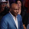 Former boxer Mike Tyson attends the super welterweight boxing match between Floyd Mayweather Jr. and Conor McGregor