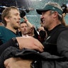 Philadelphia Eagles' quarterback Nick Foles celebrates with head coach Doug Pederson after winning Super Bowl 52