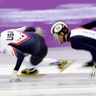 John-Henry Krueger of the United States leads Thibaut Fauconnet of France during the men's 1500 meters