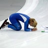 Silver medalist Kim Bo-reum of South Korea celebrates after the women mass start final speedskating race