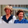 Britain's Diana, Princess of Wales, and Britain's Queen Elizabeth II smile to well-wishers outside Clarence House in London, August 4, 1987