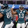 Philadelphia Eagles' Zach Ertz celebrates his touchdown catch during the fourth quarter of Super Bowl 52 in Minneapolis