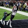 New England Patriots Rob Gronkowski catches a touchdown pass over Philadelphia Eagles cornerback Ronald Darby in Super Bowl 52