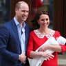 Britain's Catherine, the Duchess of Cambridge and Prince William with their new baby, Prince Louis, in London, April 23, 2018