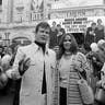 Moore with co-star Barbara Bach as they arrived for the screening of their 007 feature, 