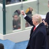 President Donald Trump pumps his fist after being sworn in as the 45th president of the United States at the U.S. Capitol in Washington, Friday, Jan. 20, 2017.