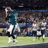 Philadelphia Eagles' Nick Foles catches a touchdown pass during the first half of Super Bowl 52 against the New England Patriots