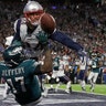 New England Patriots' Stephon Gilmore breaks up a pass for Philadelphia Eagles' Alshon Jeffery during the first half of Super Bowl 52