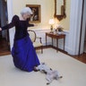 Barbara Bush upstairs in the residence of the White House with First Dog Millie preparing to attend the inagural ball