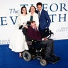 Stephen hawking poses with his ex-wife Jane Wilde Hawking (C) and the stars of “The Theory of Everything” movie that was based on his life.