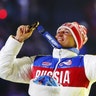 Alexander Legkov (Russia) after receiving his gold medal for the men's cross-country 50-kilometer race at the 2014 Sochi Winter Olympics