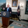 President Donald Trump speaks in the Diplomatic Room of the White House