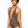 Leopard Print Halter Plunge Swimsuit