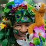 A runner in costume poses for a photo prior to the start of Sao Silvestre race in Sao Paulo, Brazil