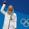 Women's slopestyle gold medalist Jamie Anderson of the United States during the medals ceremony in Pyeongchang, February 12, 2018
