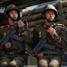 North Korean soldiers on a vehicle carrying rockets in Pyongyang, April 15, 2017