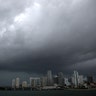 Dark clouds are seen over Miami's skyline prior to the arrival of Hurricane Irma