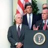 President George Bush addresses reporters at the White House, with Senator John McCain and Senator John Kerry, October 23, 1992 