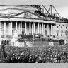 U.S. President Abraham Lincoln stands under cover at center of Capitol steps during his inauguration in Washington, D.C., March 4, 1861.
