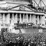 U.S. President Abraham Lincoln stands under cover at center of Capitol steps during his inauguration in Washington, D.C., March 4, 1861.