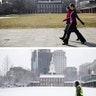 In this combination of Wednesday, Feb. 8, 2017, top, and Thursday, Feb. 9, photos, people walk near Independence Hall in Philadelphia.