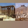 Palmyra's Great Colonnade with citadel in upper-left background, before ISIS destruction (left) and after ISIS destruction.