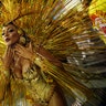 A dancer parades for the Tom Maior samba school during Carnival in Sao Paulo.