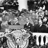 President Franklin D. Roosevelt takes the oath of office from Chief Justice Charles E. Hughes at his first inauguration on March 4, 1933. FDR would take thee oath three more times.