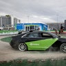 An autonomous-driving Lincoln MKZ equipped with Nvidia technology gives demonstration rides during the 2017 CES in Las Vegas, Nevada.
