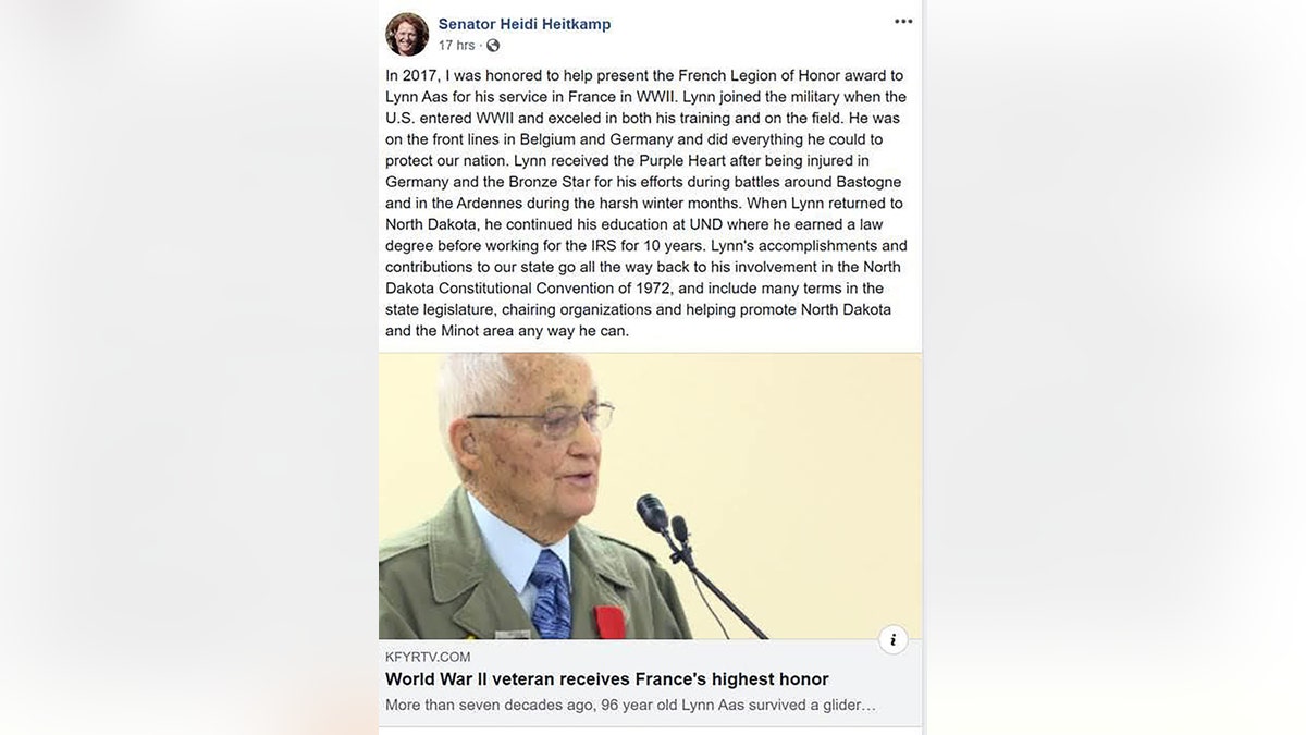Heitkmap wrote in a now-deleted Facebook post about her encounter with Lynn Aas, a World War II veteran, she met last year when helping to present him the Legion of Honor by France for his service during the war.