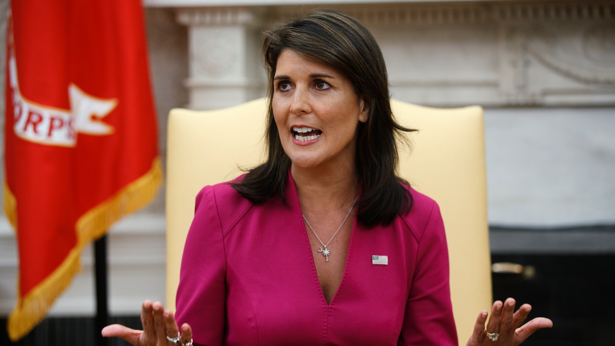 Outgoing U.S. Ambassador to the United Nations Nikki Haley speaks during a meeting with President Donald Trump in the Oval Office of the White House, Tuesday, Oct. 9, 2018, in Washington. (AP Photo/Evan Vucci)