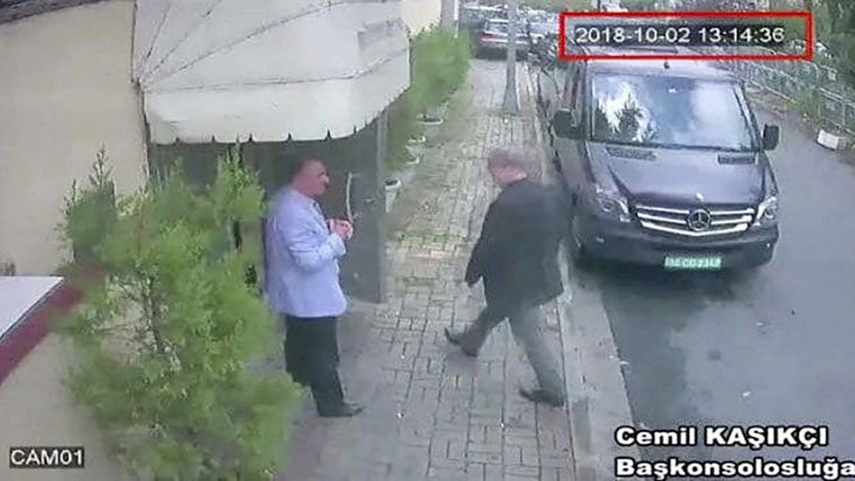 This image taken from CCTV video obtained by the Turkish newspaper Hurriyet and made available on Tuesday, Oct. 9, 2018 claims to show Saudi journalist Jamal Khashoggi entering the Saudi consulate in Istanbul, Tuesday, Oct. 2, 2018.