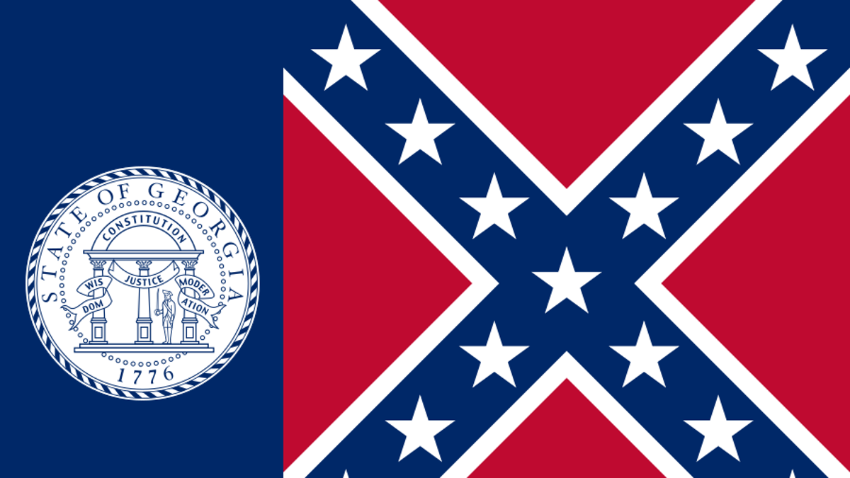 Graphic rendering of the Georgia state flag from 1956 to 2001, including the Confederate battle flag markings. (Public domain image)