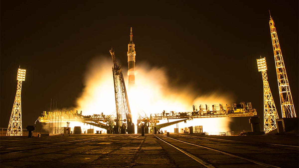 In this one second exposure photograph, the Soyuz MS-03 spacecraft is seen launching from the Baikonur Cosmodrome with Expedition 50 crewmembers NASA astronaut Peggy Whitson, Russian cosmonaut Oleg Novitskiy of Roscosmos, and ESA astronaut Thomas Pesquet from the Baikonur Cosmodrome in Kazakhstan, Friday, Nov. 18, 2016.